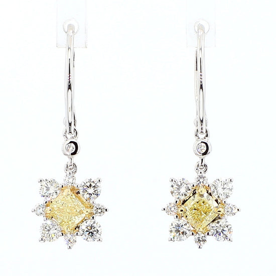 Natural Yellow Cushion Diamond 1.78 Carat TW Gold Drop Earrings