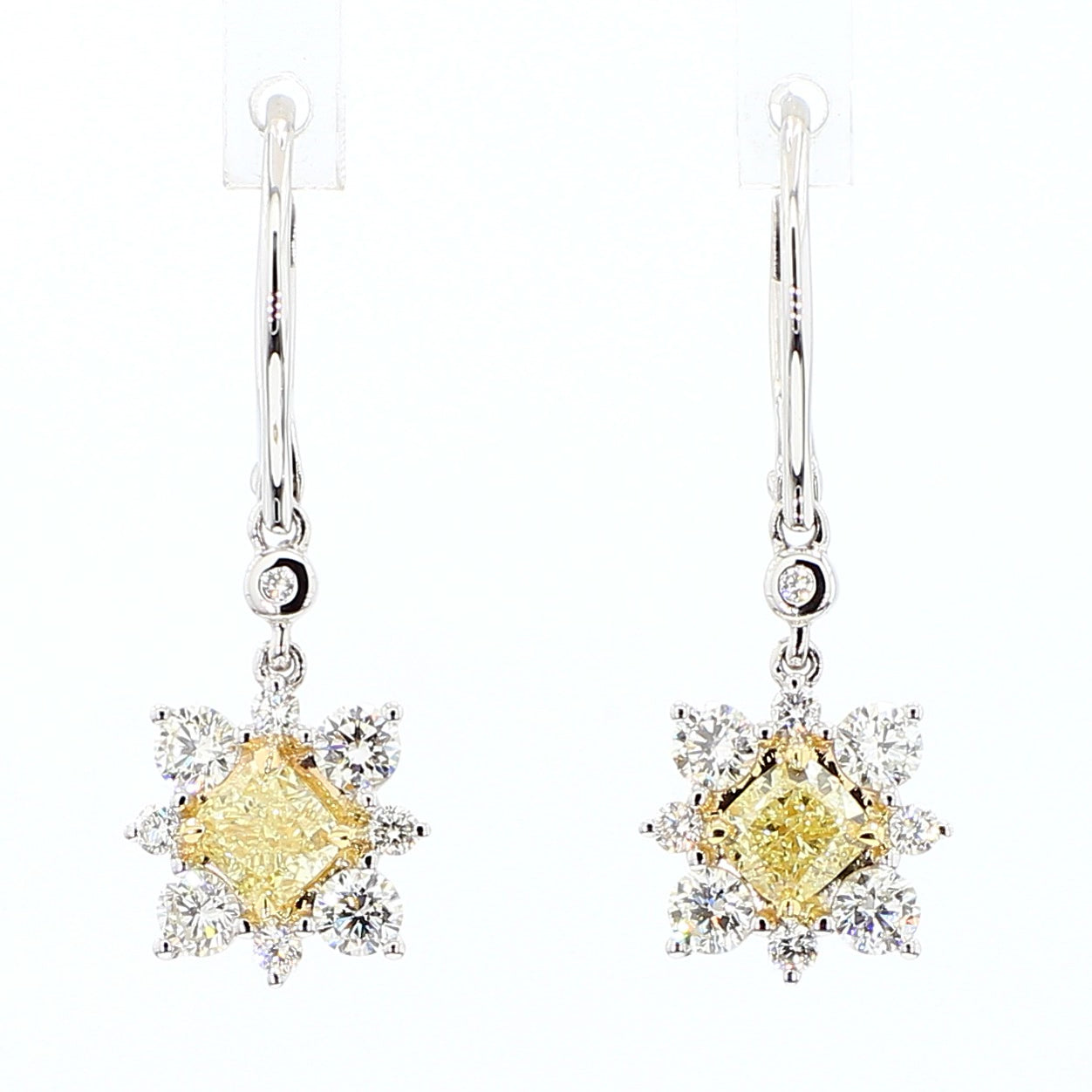 Natural Yellow Cushion Diamond 1.78 Carat TW Gold Drop Earrings
