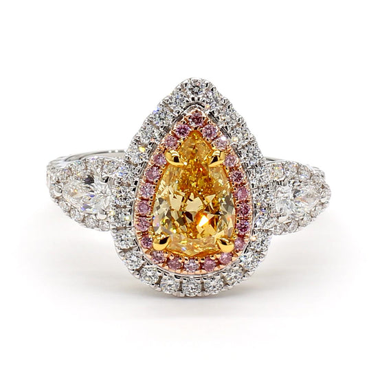 GIA Certified Natural Yellow Pear Diamond 2.00 Carat TW Gold Cocktail Ring