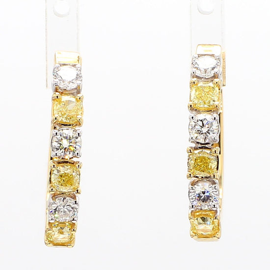 Natural Yellow Cushion Diamond 1.86 Carat TW Gold Hoop Earrings