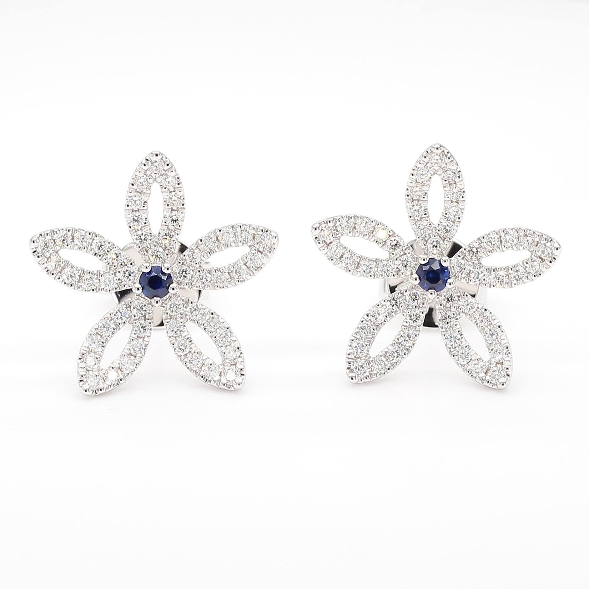 Natural Blue Round Sapphire and Diamond 0.59 Carat TW Gold Stud Earrings