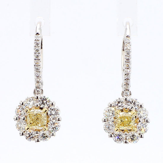 Natural Yellow Cushion Diamond 1.42 Carat TW Gold Drop Earrings