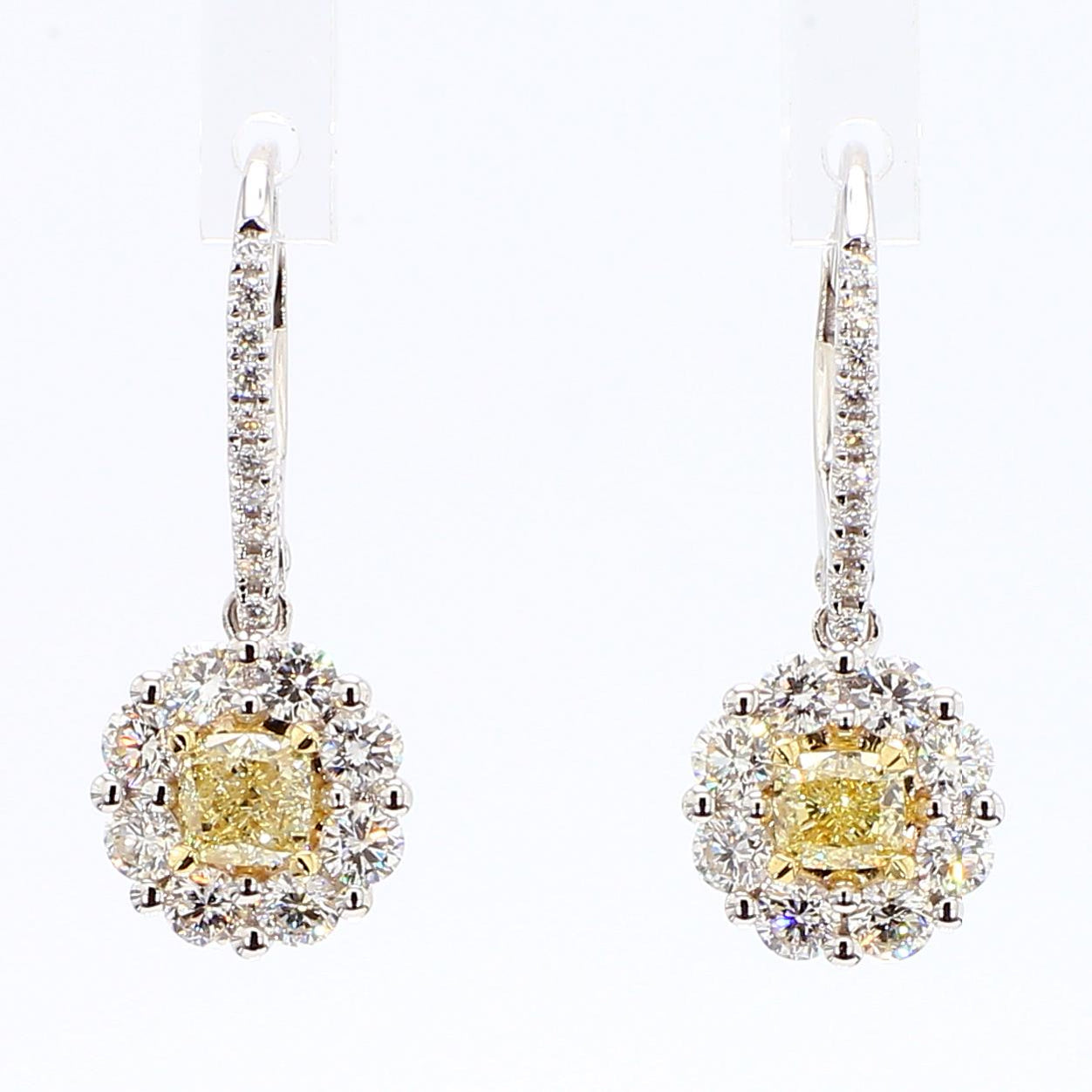 Natural Yellow Cushion Diamond 1.42 Carat TW Gold Drop Earrings