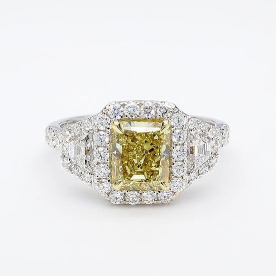 GIA Fancy Brownish Greenish Yellow Radiant Diamond 2.60 Carat TW Gold Ring