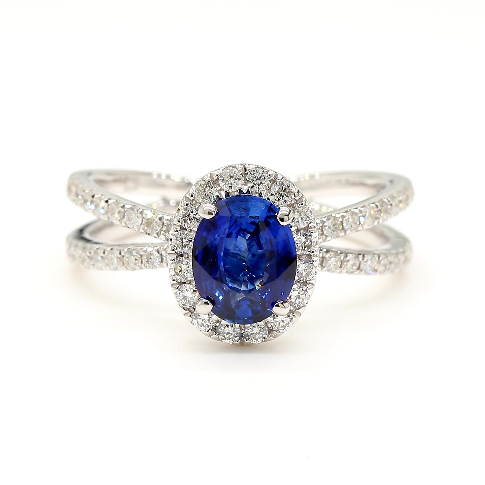 Natural Blue Oval Sapphire and White Diamond 2.09 Carat TW Gold Cocktail Ring