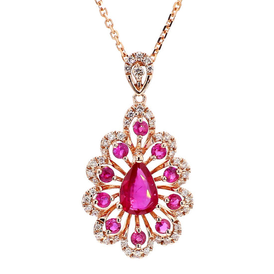 Natural Pear Red Ruby and White Diamond 1.36 Carat TW Gold Drop Pendant