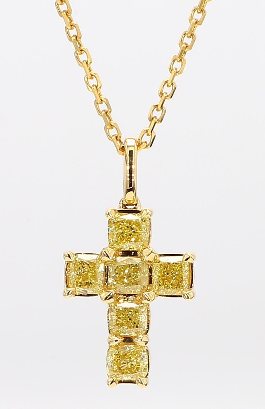 Natural Yellow Cushion Diamond 1.16 Carat TW Yellow Gold Cross Pendant