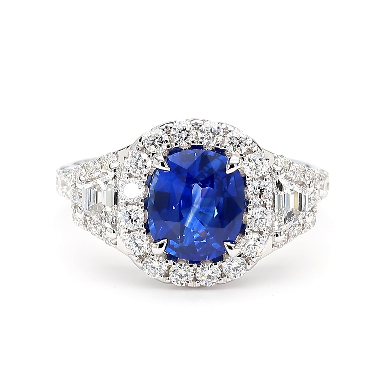 Natural Blue Cushion Sapphire and White Diamond 3.01 Carat TW Gold Cocktail Ring