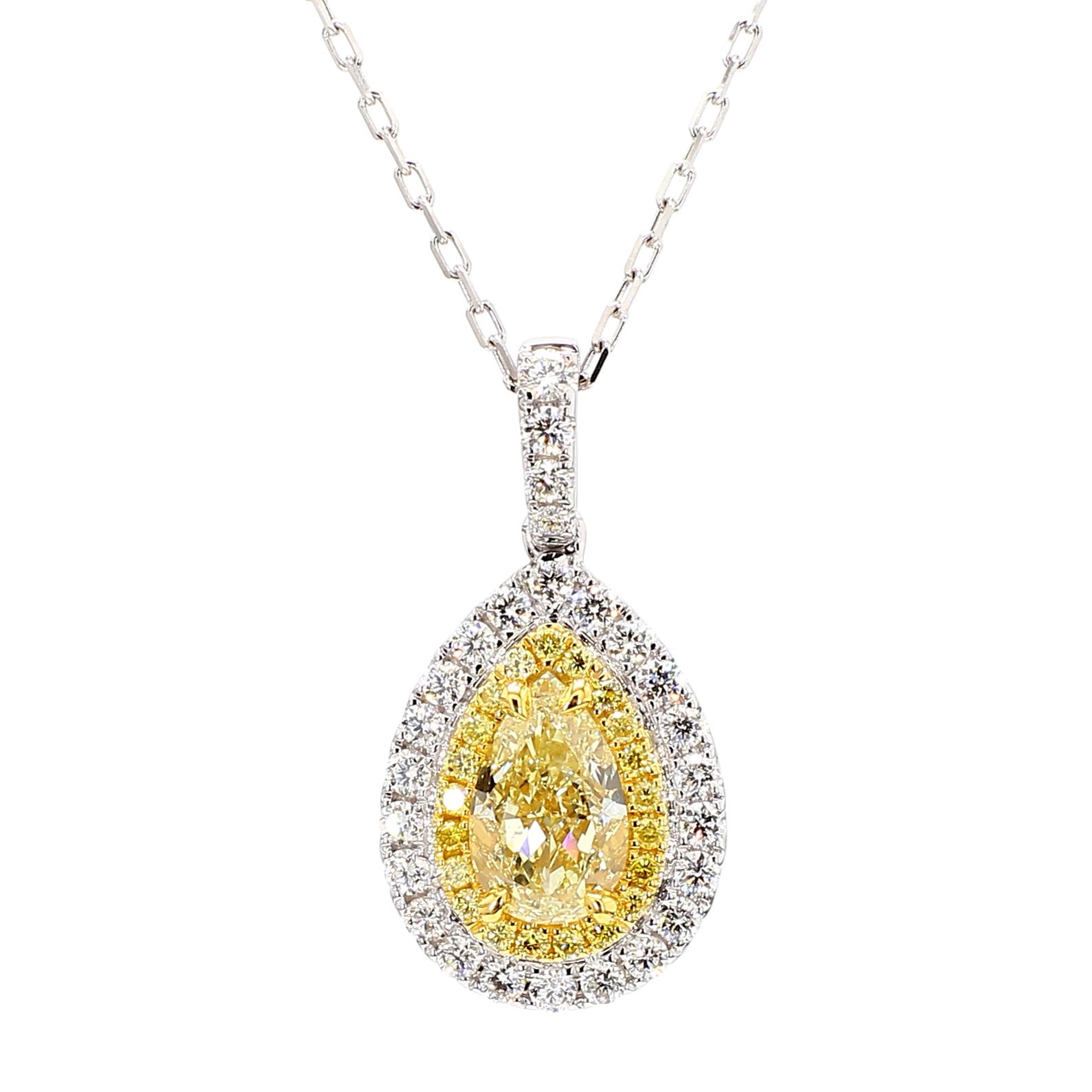 GIA Certified Natural Yellow Pear Diamond 2.25 Carat TW Gold Drop Pendant