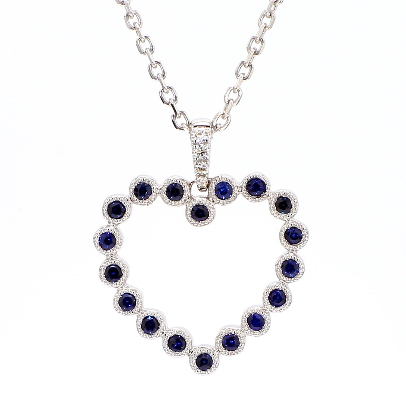 Natural Blue Round Sapphire and White Diamond 0.37 Carat TW Gold Drop Pendant