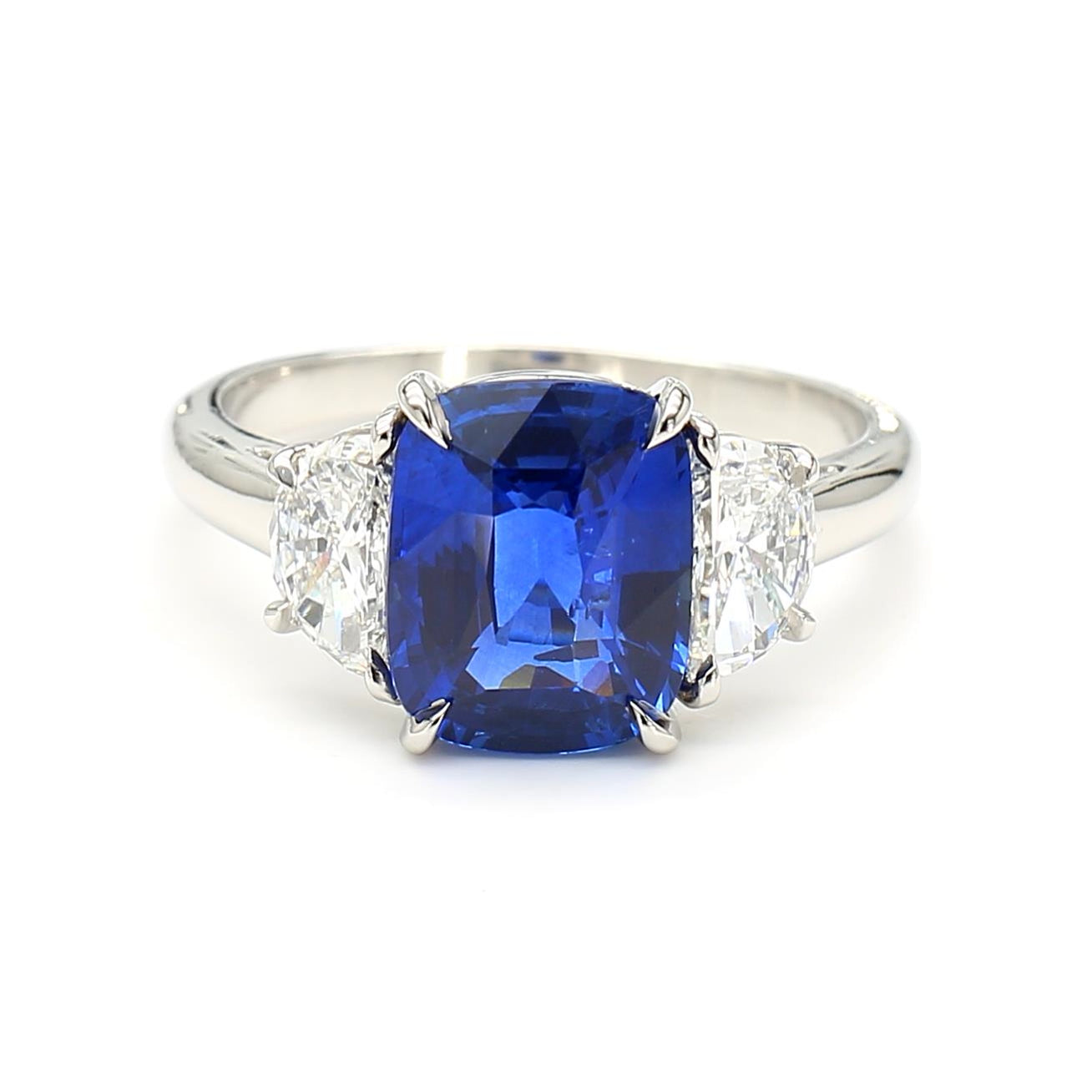 GIA Certified Blue Cushion Sapphire and White Diamond 3.70 Carat TW Plat Ring