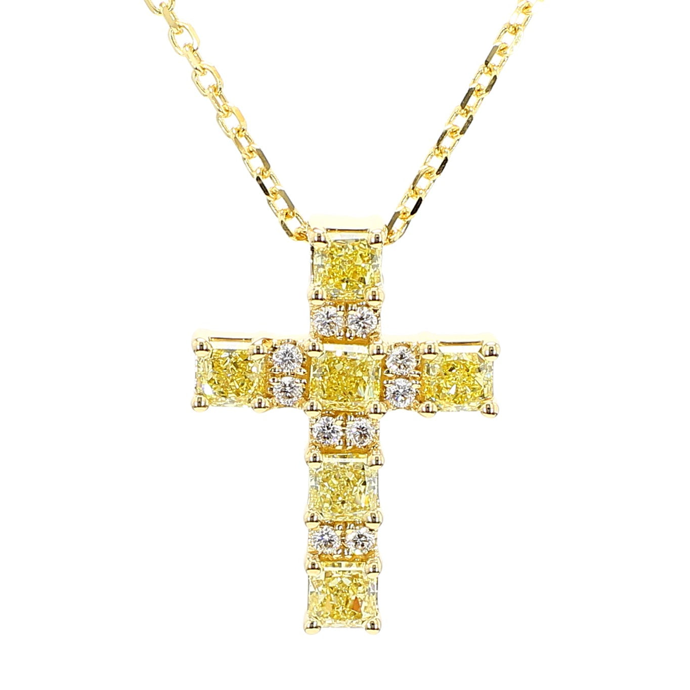 Natural Yellow Cushion and White Diamond 1.47 Carat TW Gold Cross Pendant