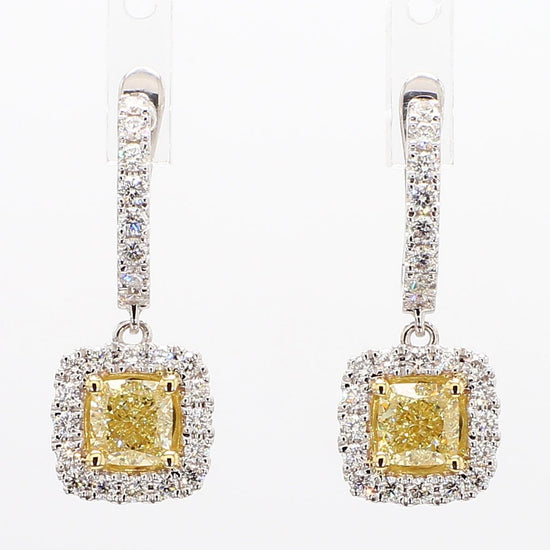GIA Certified Natural Yellow Cushion Diamond 2.16 Carat TW Gold Drop Earrings