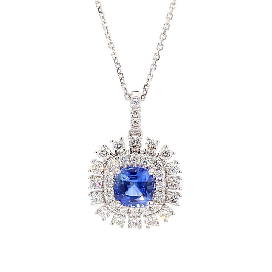 Natural Blue Cushion Sapphire and Diamond 2.33 Carat TW Gold Pendant