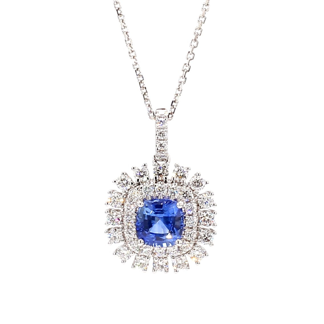 Natural Blue Cushion Sapphire and Diamond 2.33 Carat TW Gold Pendant