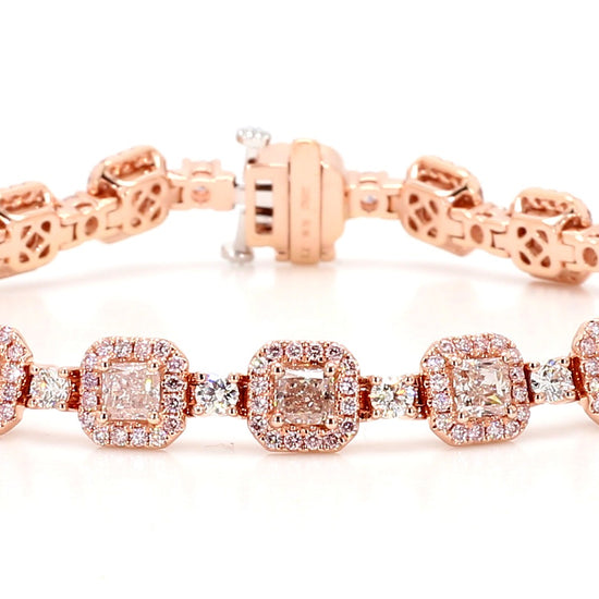 GIA Natural Fancy Light Brown-Pink Cushion Diamond 8.89 Carat TW Gold Bracelet
