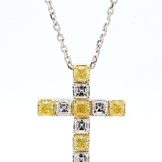 Natural Yellow Cushion and White Diamond 1.48 Carat TW Gold Cross Pendant