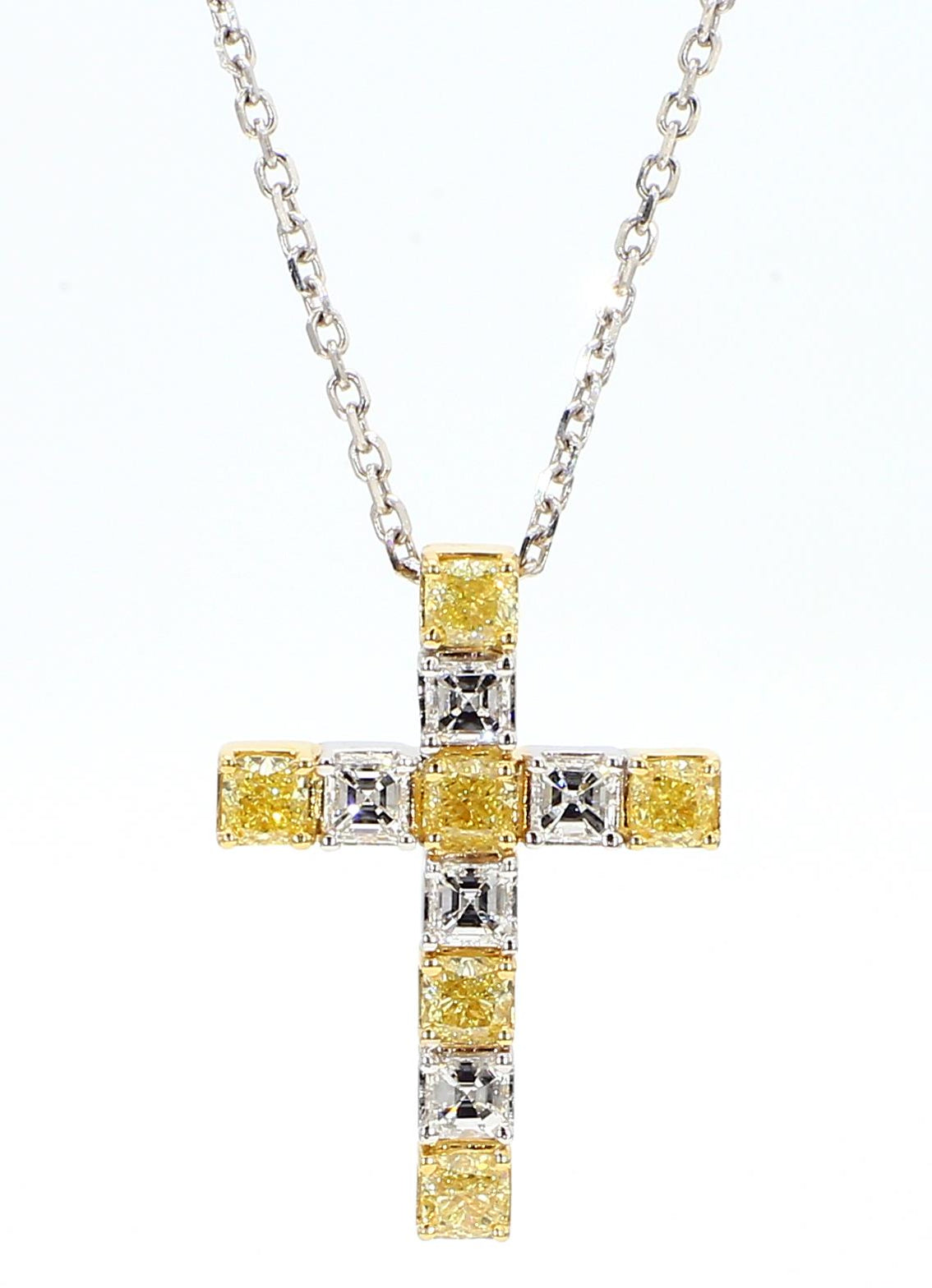 Natural Yellow Cushion and White Diamond 1.48 Carat TW Gold Cross Pendant