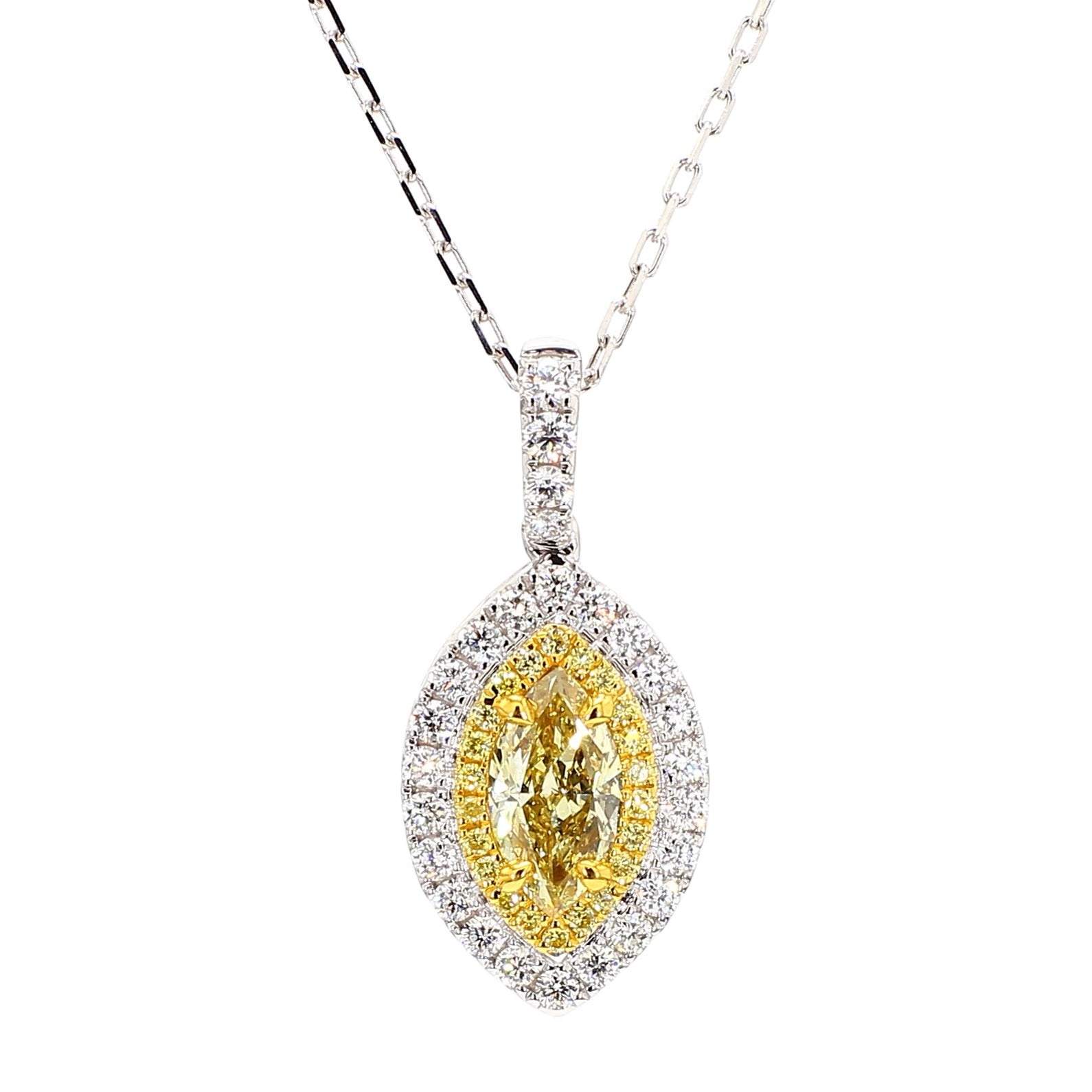 GIA Certified Natural Yellow Marquise Diamond 1.29 Carat TW Gold Drop Pendant