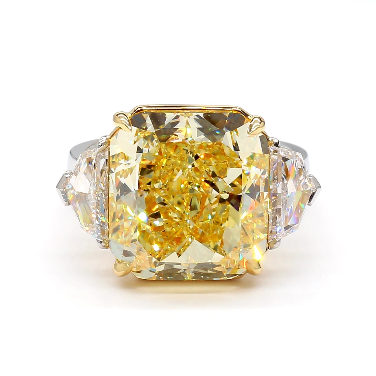 GIA Certified Natural Yellow Radiant Diamond 15.44 Carat TW Plat Cocktail Ring