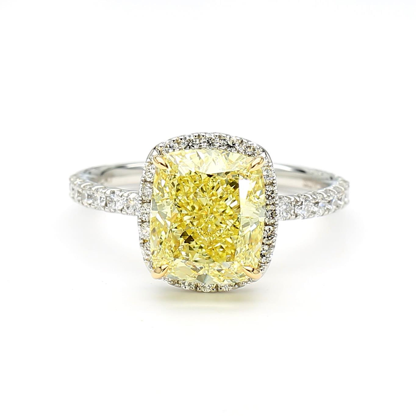 GIA Certified Fancy Intense Yellow Cushion Diamond 4.19 Carat TW Gold Ring