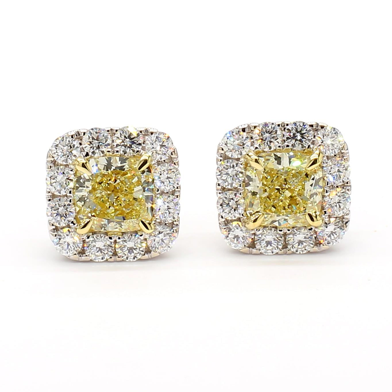 GIA Certified Natural Yellow Cushion Diamond 2.93 Carat TW Gold Stud Earrings