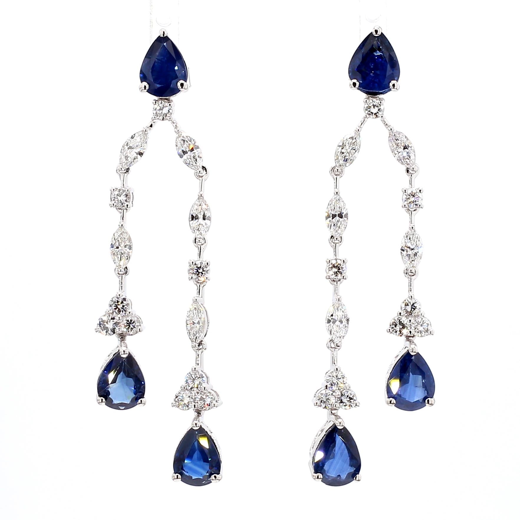 Natural Blue Pear Sapphire and White Diamond 9.65 Carat TW Gold Drop Earrings