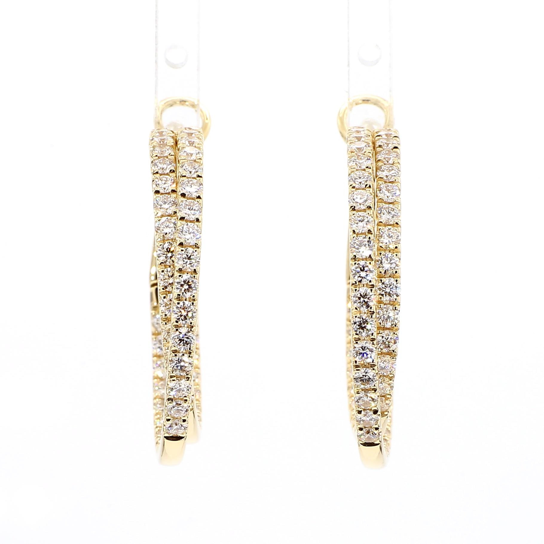 Natural White Round Diamond 2.61 Carat TW Yellow Gold Hoop Earrings