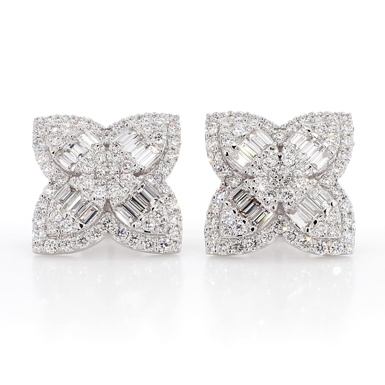 Natural White Baguette Diamond 1.84 Carat TW Gold Stud Earrings
