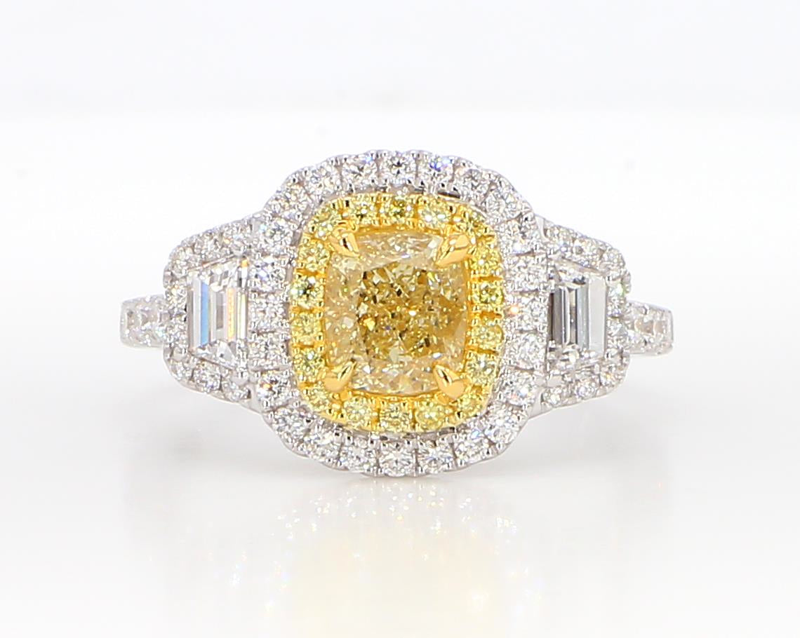 GIA Certified Natural Yellow Cushion Diamond 2.10 Carat TW Gold Cocktail Ring