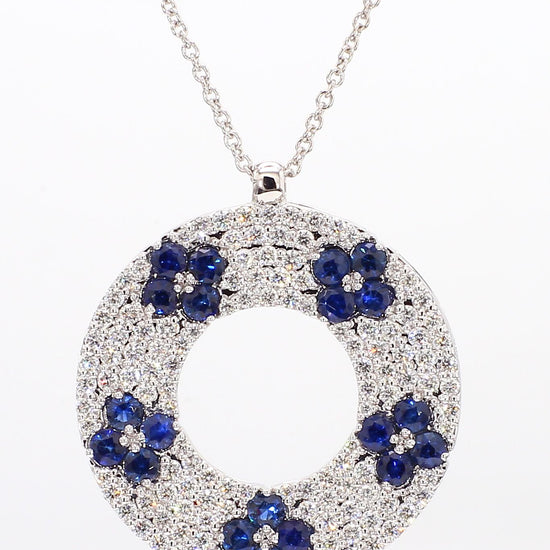 Natural Blue Round Sapphire and White Diamond 2.31 Carat TW White Gold Necklace