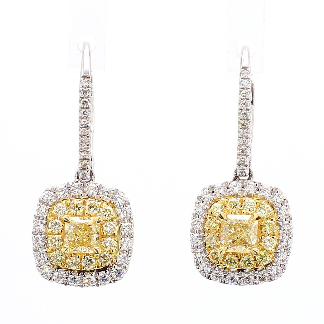 Natural Yellow Cushion Diamond 1.28 Carat TW Gold Drop Earrings