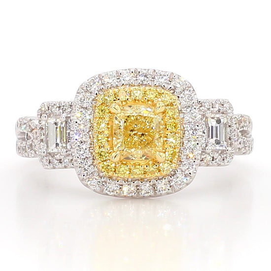 Natural Yellow Cushion and White Diamond 1.25 Carat TW Gold Cocktail Ring