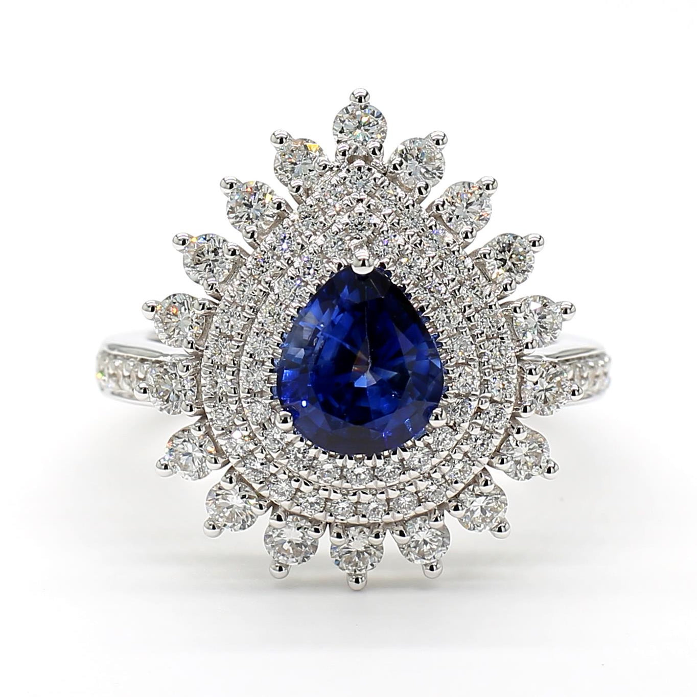 Natural Blue Pear Sapphire and White Diamond 2.62 Carat TW Gold Cocktail Ring