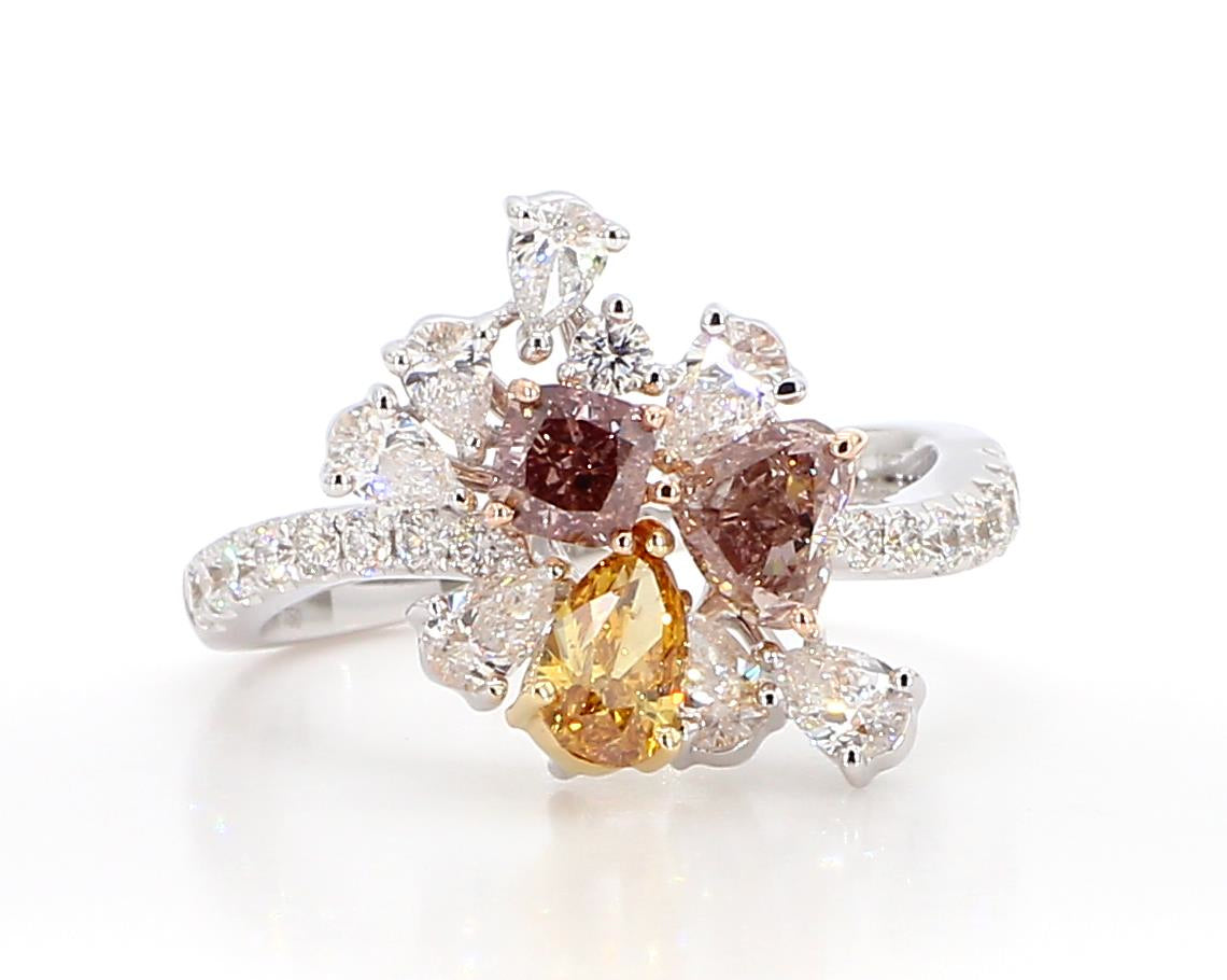 GIA Certified Natural Mix Fancy Color Diamond 2.12 Carat TW Gold Cocktail Ring