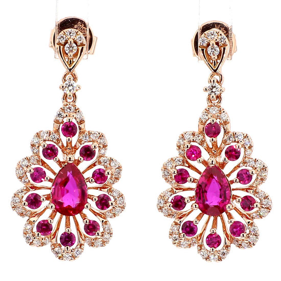 Natural Red Pear Ruby and White Diamond 1.81 Carat TW Gold Drop Earrings
