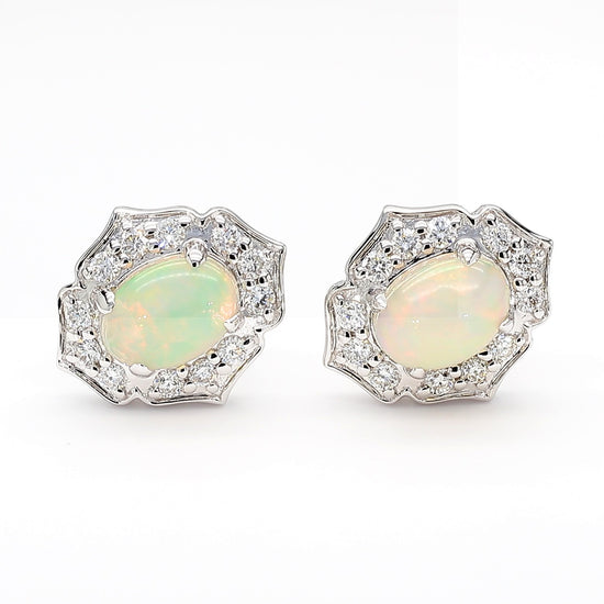 Natural Oval Opal and White Diamond 1.57 Carat TW White Gold Stud Earrings