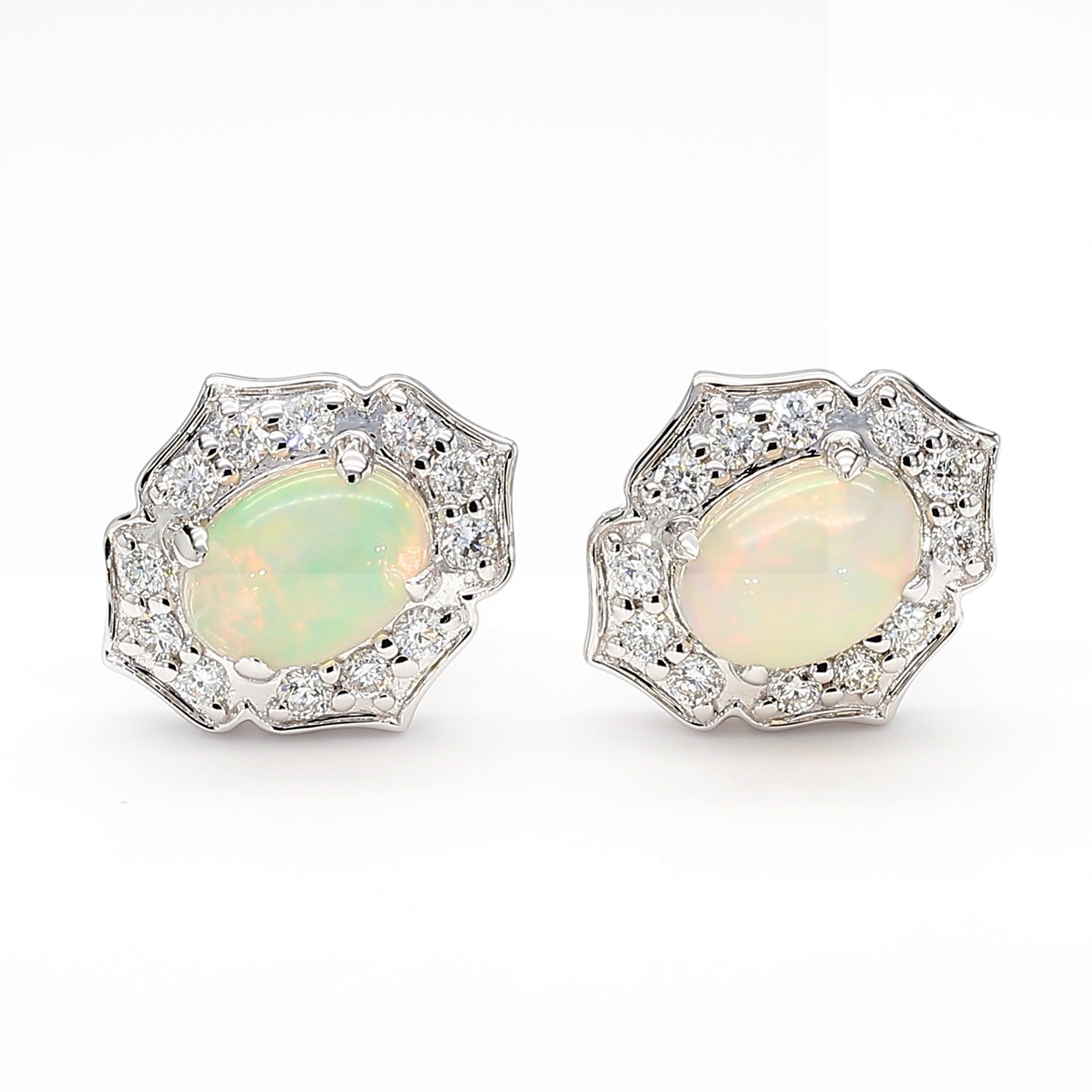 Natural Oval Opal and White Diamond 1.57 Carat TW White Gold Stud Earrings