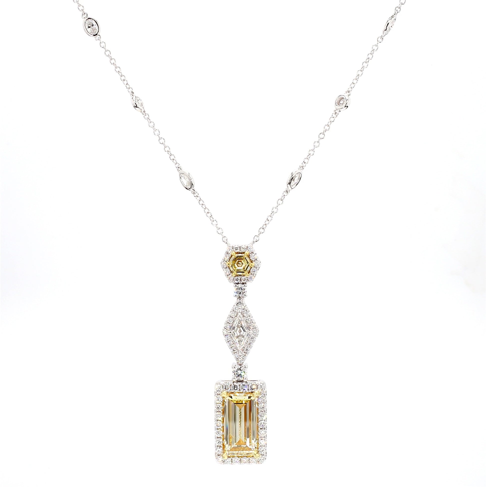 GIA Certified Flawless Yellow Baguette Diamond 5.36 Carat TW Gold Drop Necklace