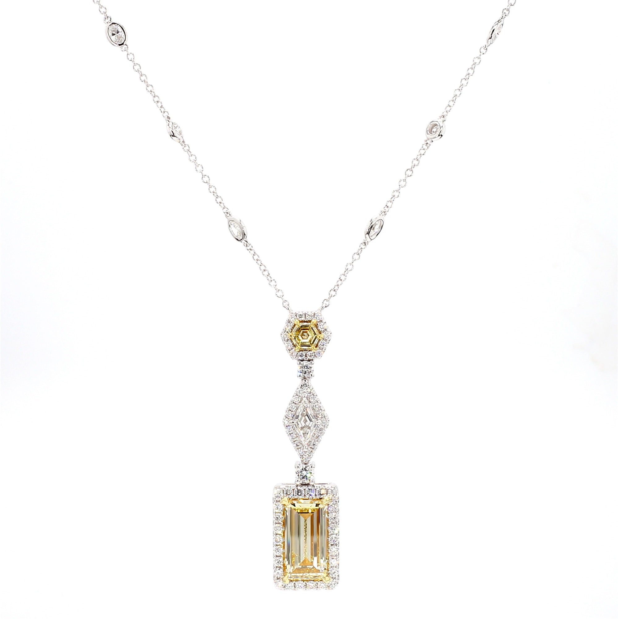 GIA Certified Flawless Yellow Baguette Diamond 5.36 Carat TW Gold Drop Necklace