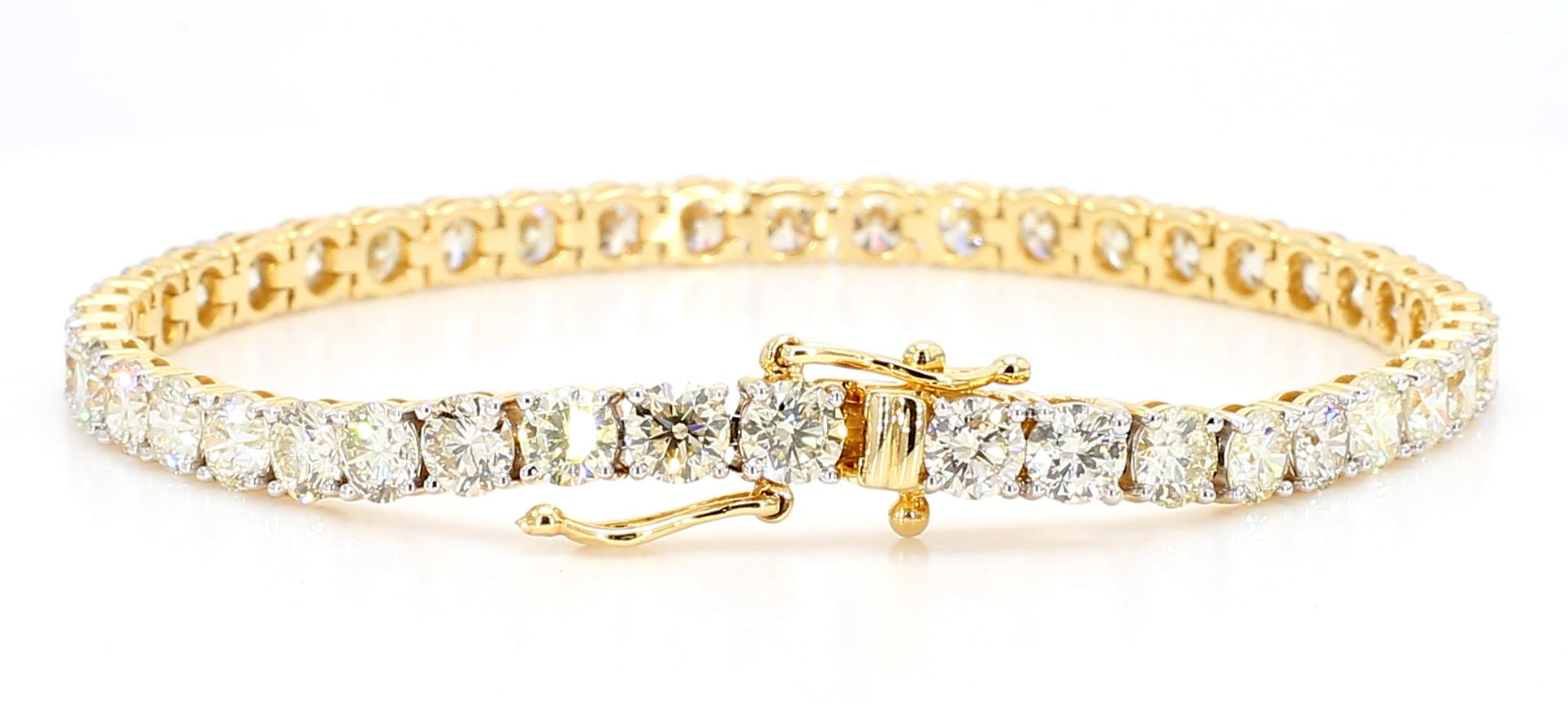 Natural White Round Diamond 10.62 Carat TW Yellow Gold Tennis Bracelet