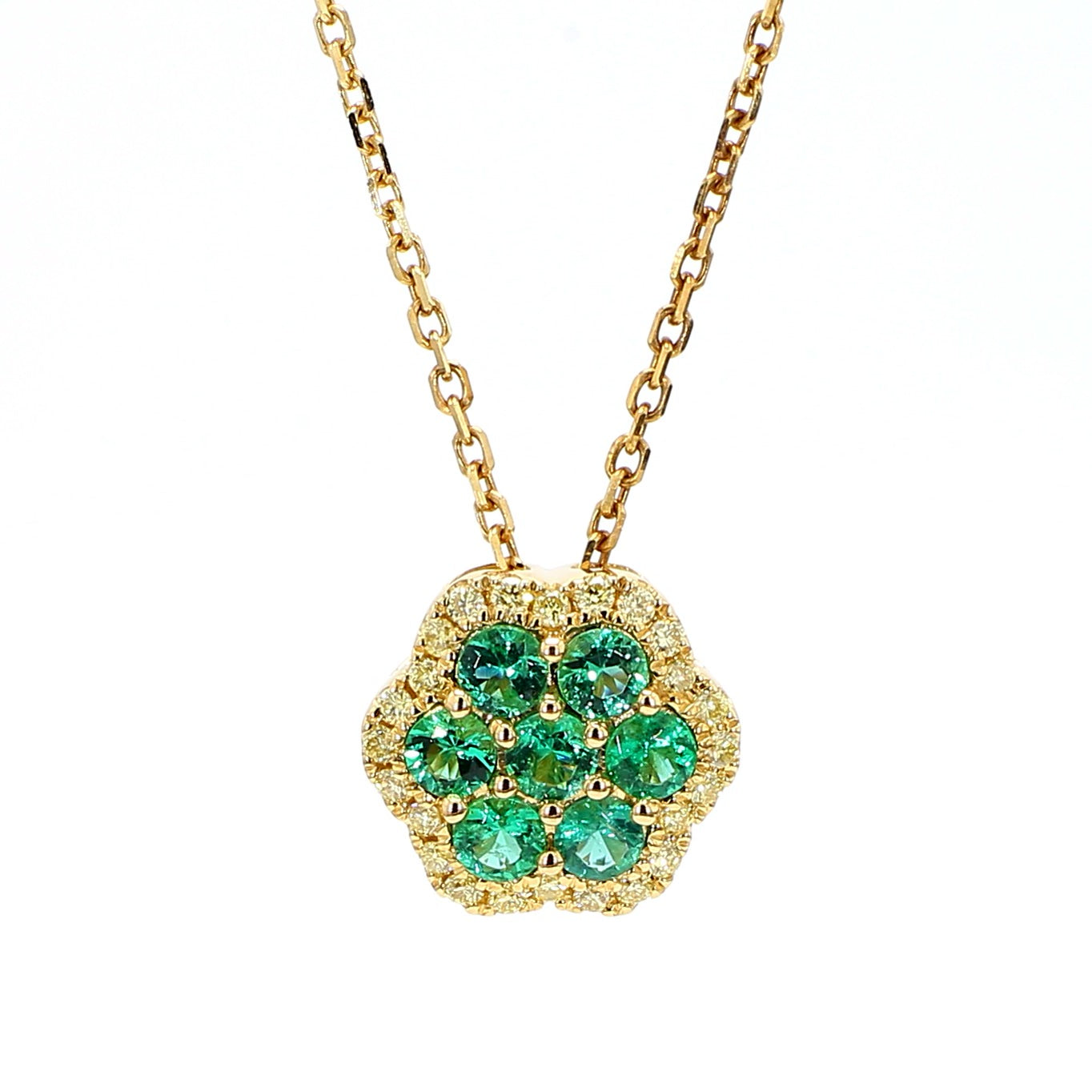 Natural Round Emerald and Yellow Diamond .78 Carat TW Gold Drop Pendant