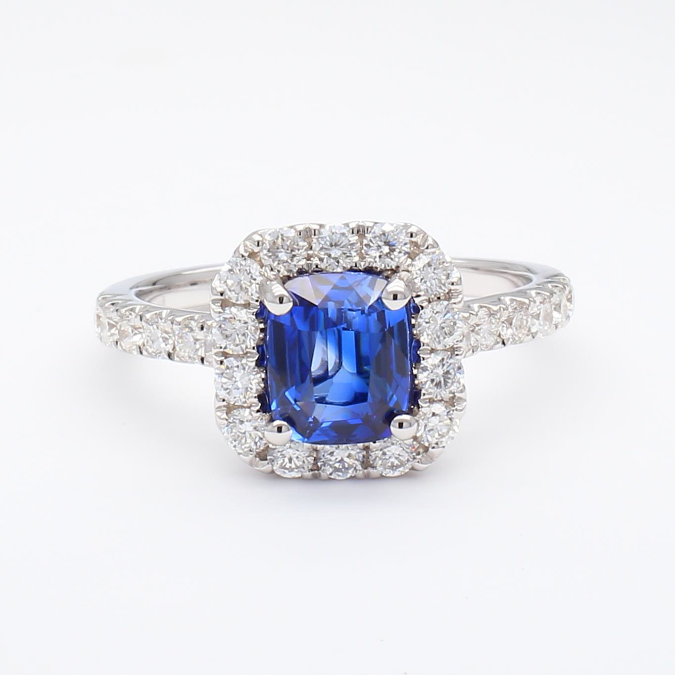 Natural Blue Cushion Sapphire and White Diamond 2.36 Carat TW Gold Cocktail Ring