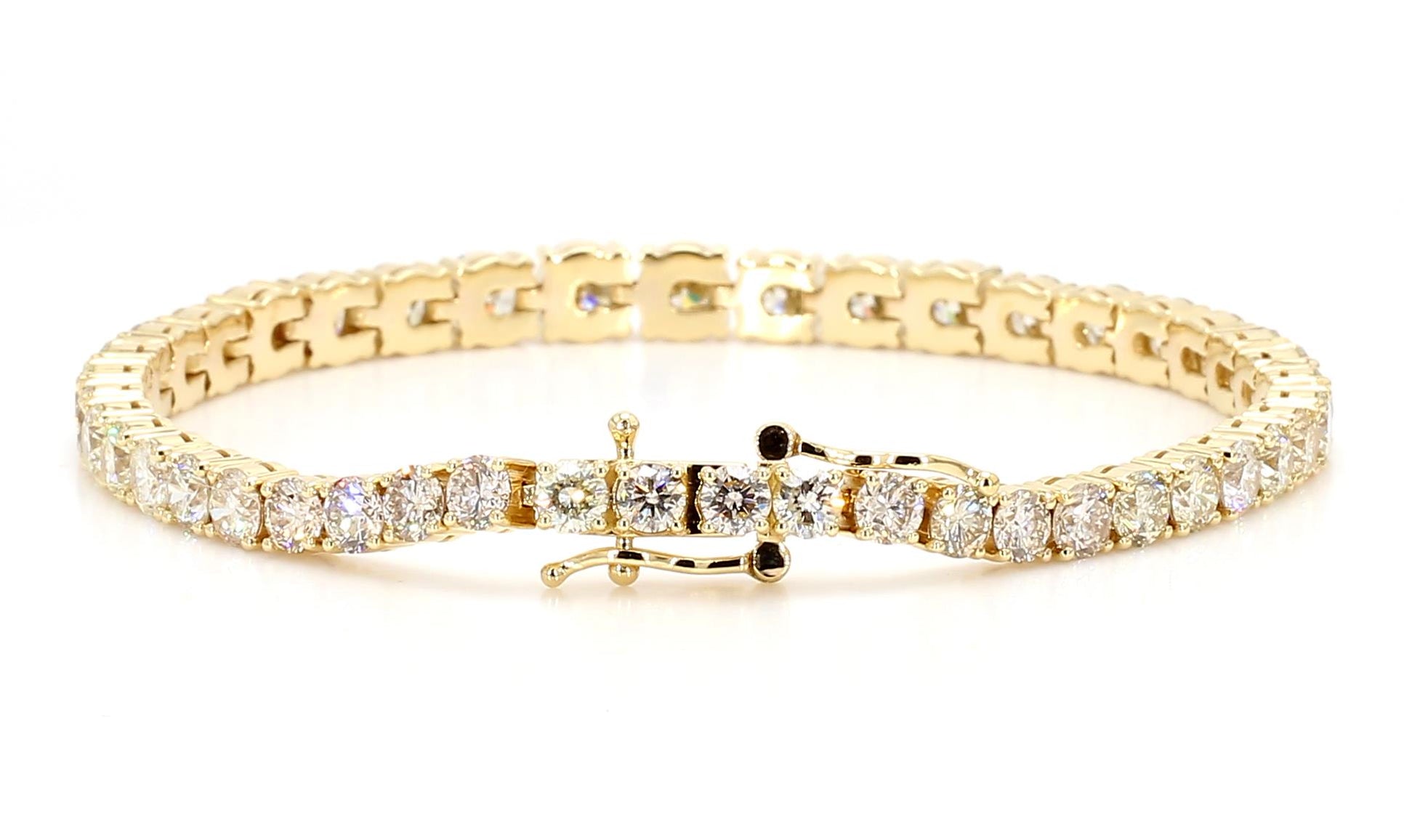 Natural White Round Diamond 10.95 Carat TW Yellow Gold Tennis Bracelet