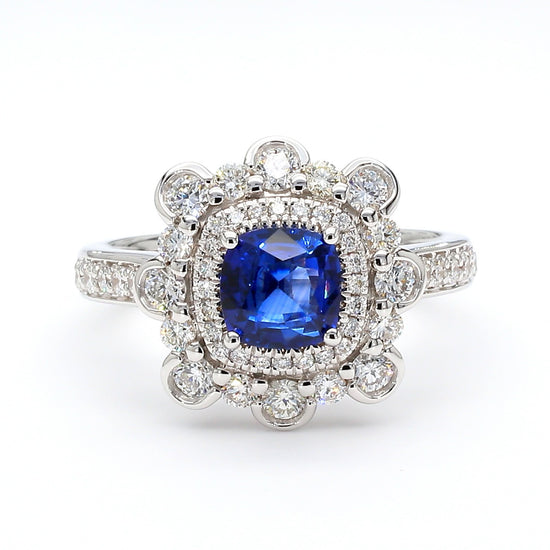 Natural Blue Cushion Sapphire and Diamond 2.03 Carat TW Gold Ring
