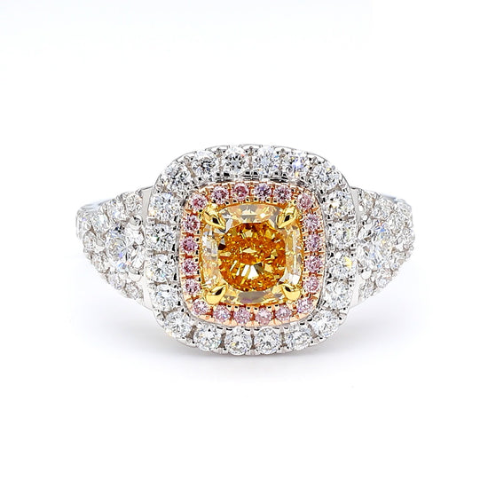 GIA Natural Fancy Intense Orangy Yellow Cushion Diamond 1.92 Carat TW Gold Ring
