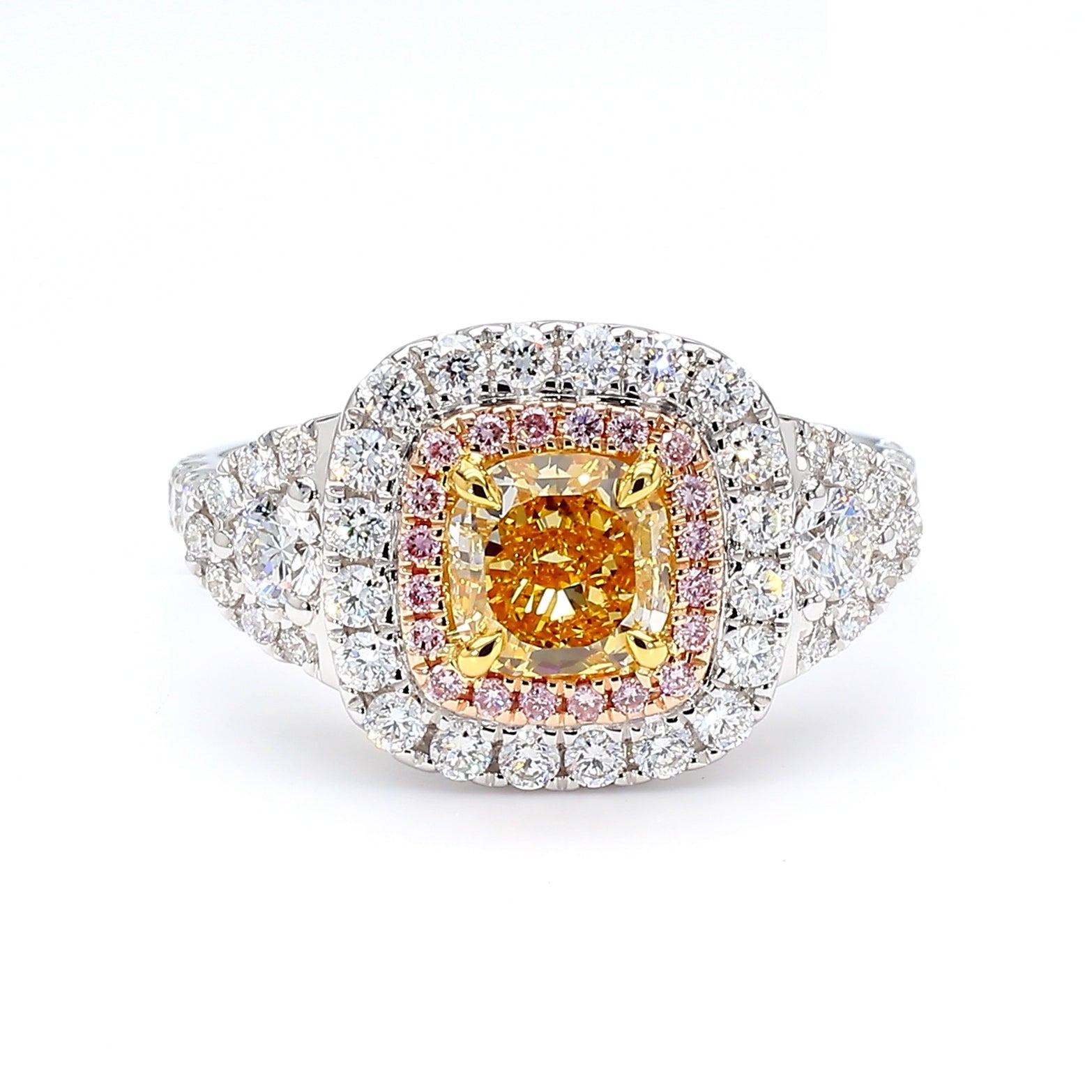GIA Natural Fancy Intense Orangy Yellow Cushion Diamond 1.92 Carat TW Gold Ring