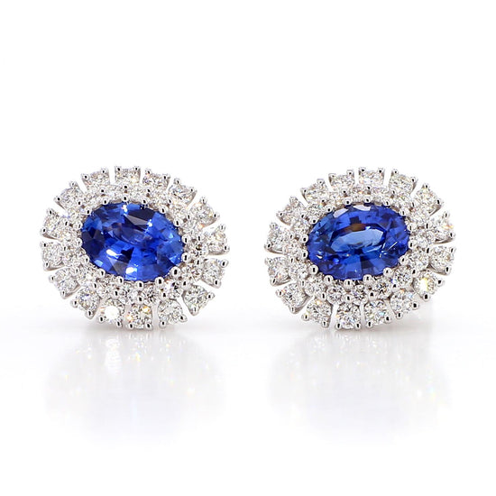 Natural Blue Oval Sapphire and Diamond 3.48 Carat TW Gold Stud Earrings