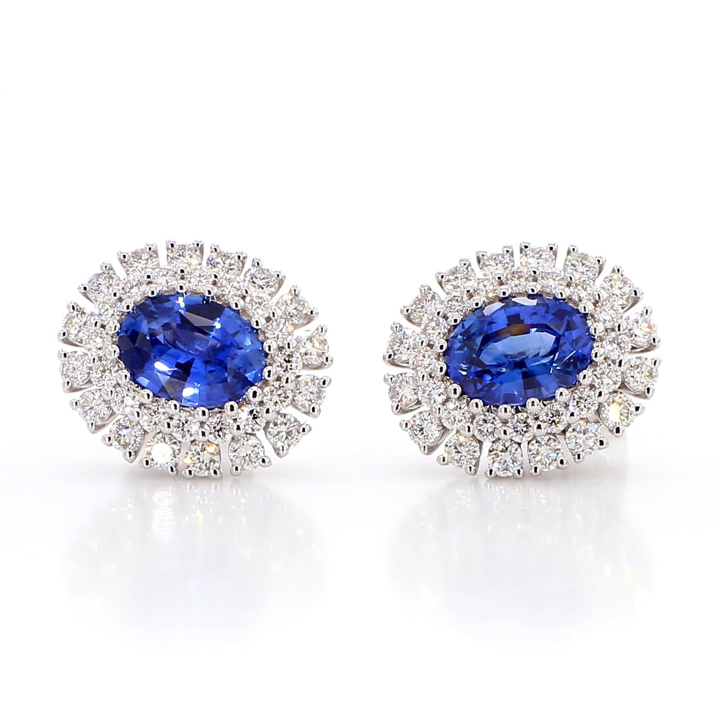 Natural Blue Oval Sapphire and Diamond 3.48 Carat TW Gold Stud Earrings