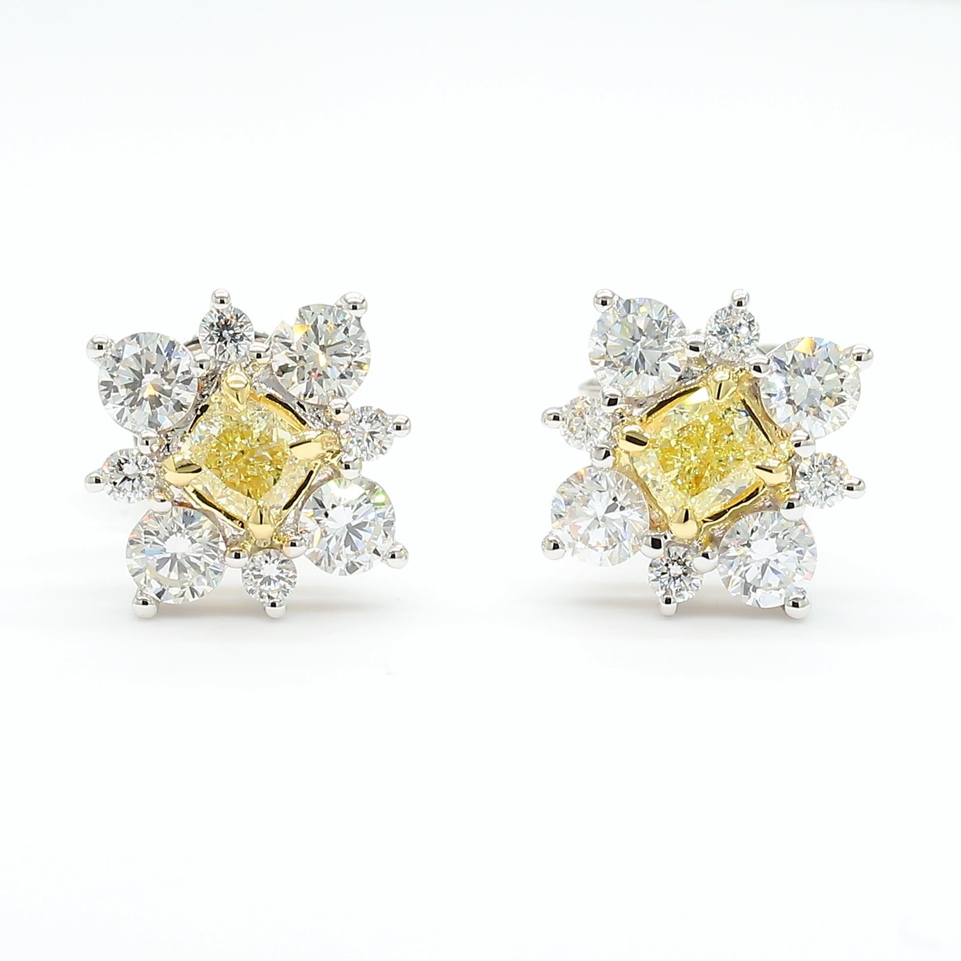 Natural Yellow Cushion Diamond 1.16 Carat TW Gold Stud Earrings